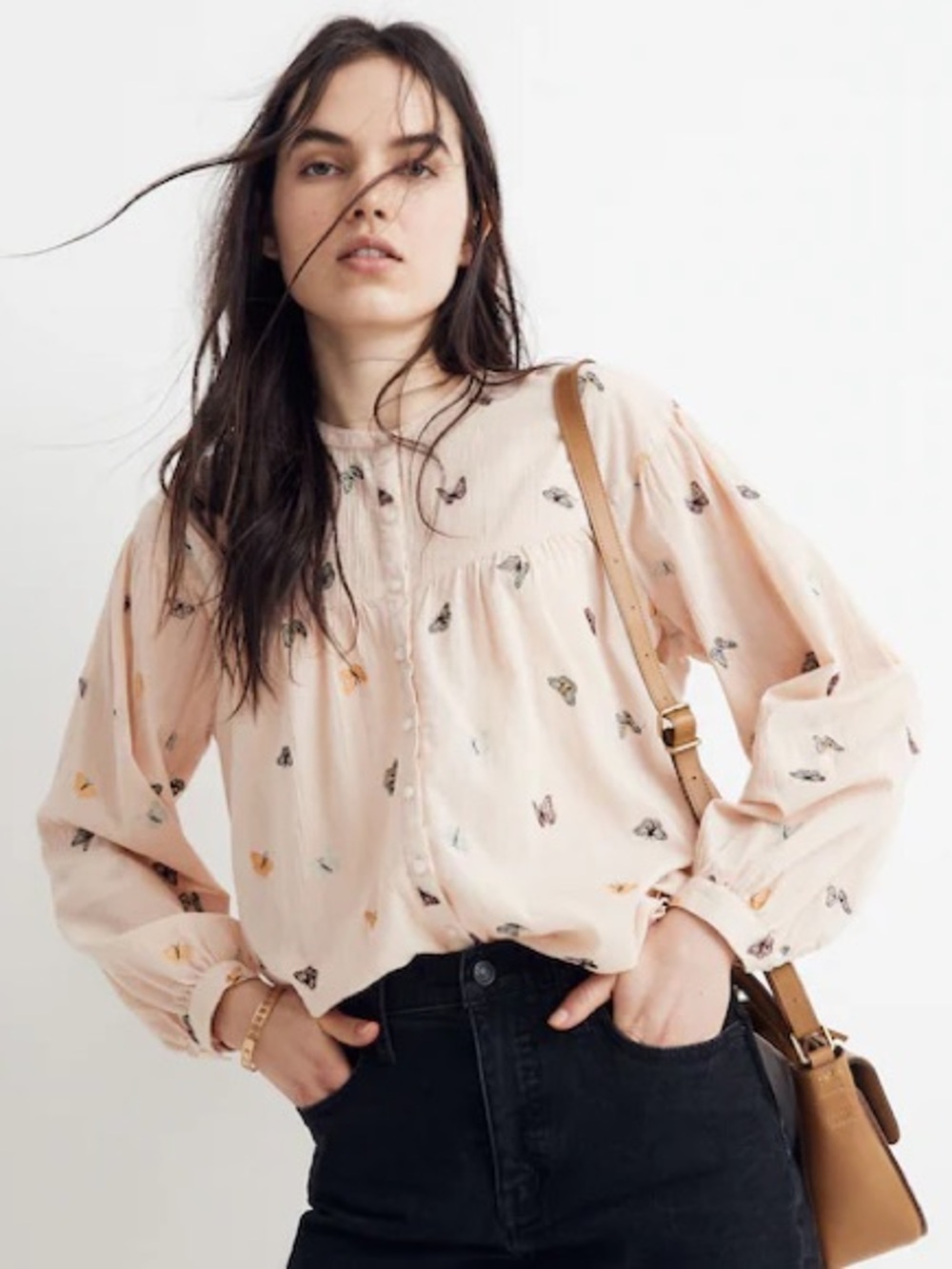 Madewell Butterfly Breeze Balloon-Sleeve Peasant Top Pink Size Small